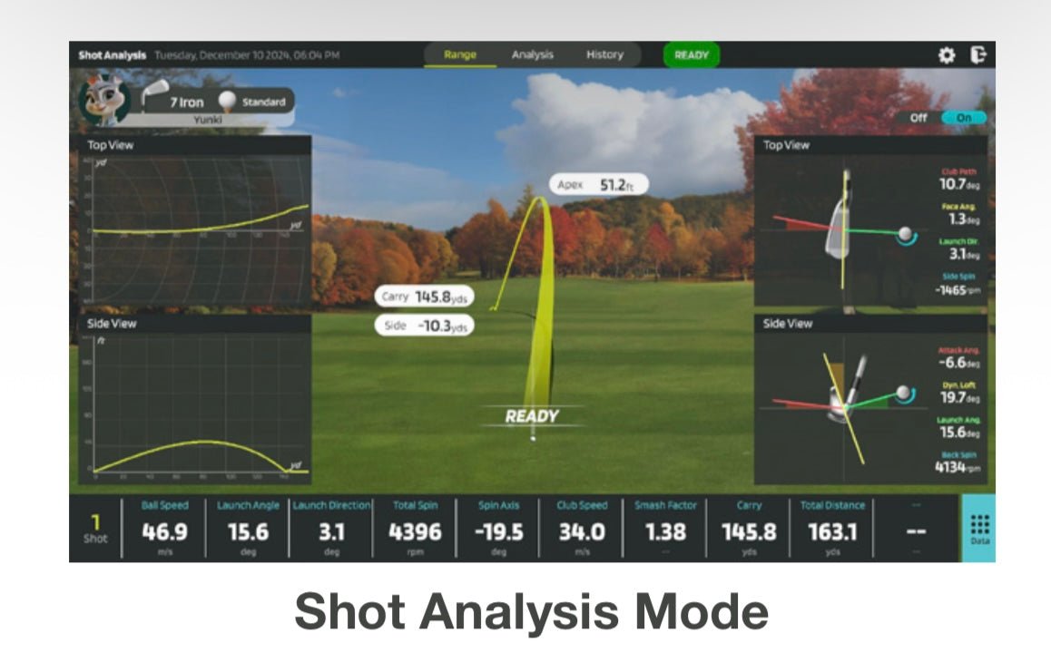 NVISAGE N1 Launch Monitor shot analysis mode showing ball speed, carry distance, spin rate, and total spin - ALLBGT