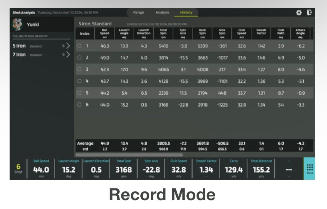 NVISAGE N1 Launch Monitor record mode displaying shot data table for ball speed, launch angle, and total spin - ALLBGT