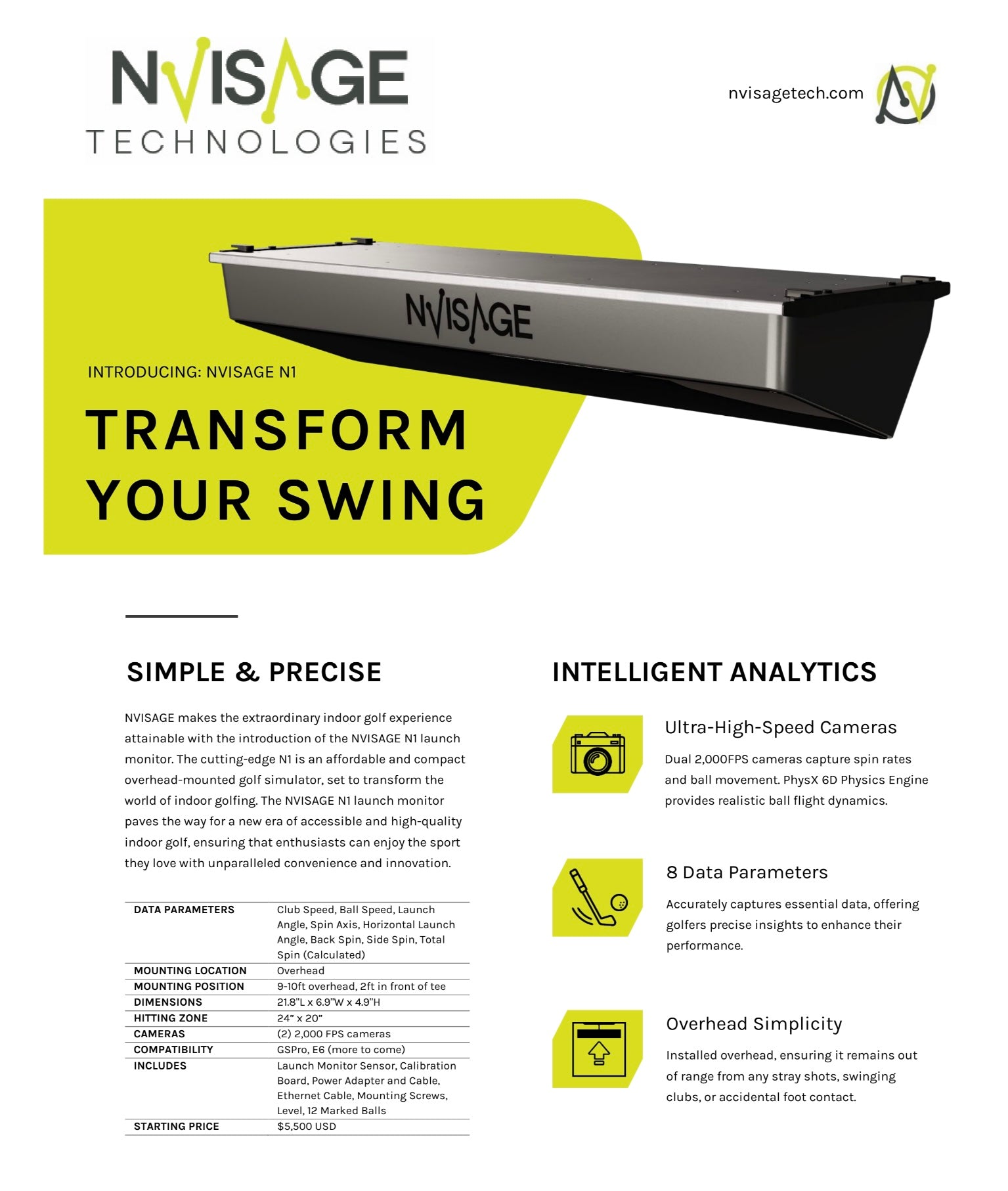 NVISAGE N1 Promotional flyer showing intelligent analytics, data parameters, and simple overhead features - ALLBGT