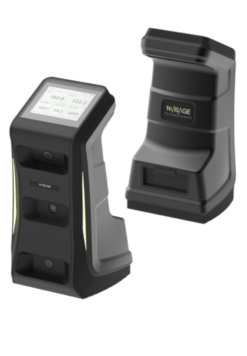Side-by-side view of two  NVISAGE NEO-E Golf Launch Monitors showing product angles and features - ALLBGT