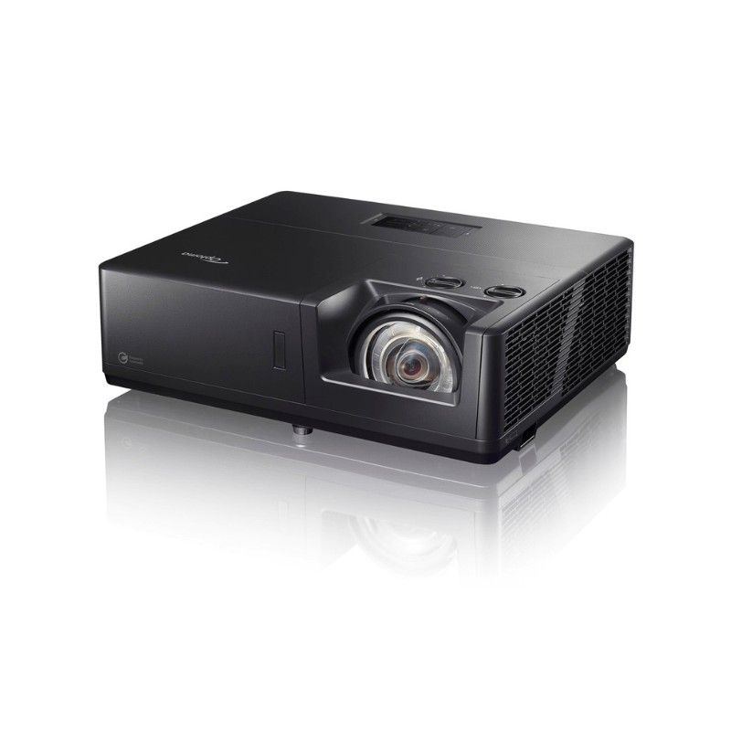 Angled view of the OPTOMA ZK608TST 4K UHD Short Throw Laser Projector – 6000 Lumens, HDR & 24/7 Operation - ALLBGT