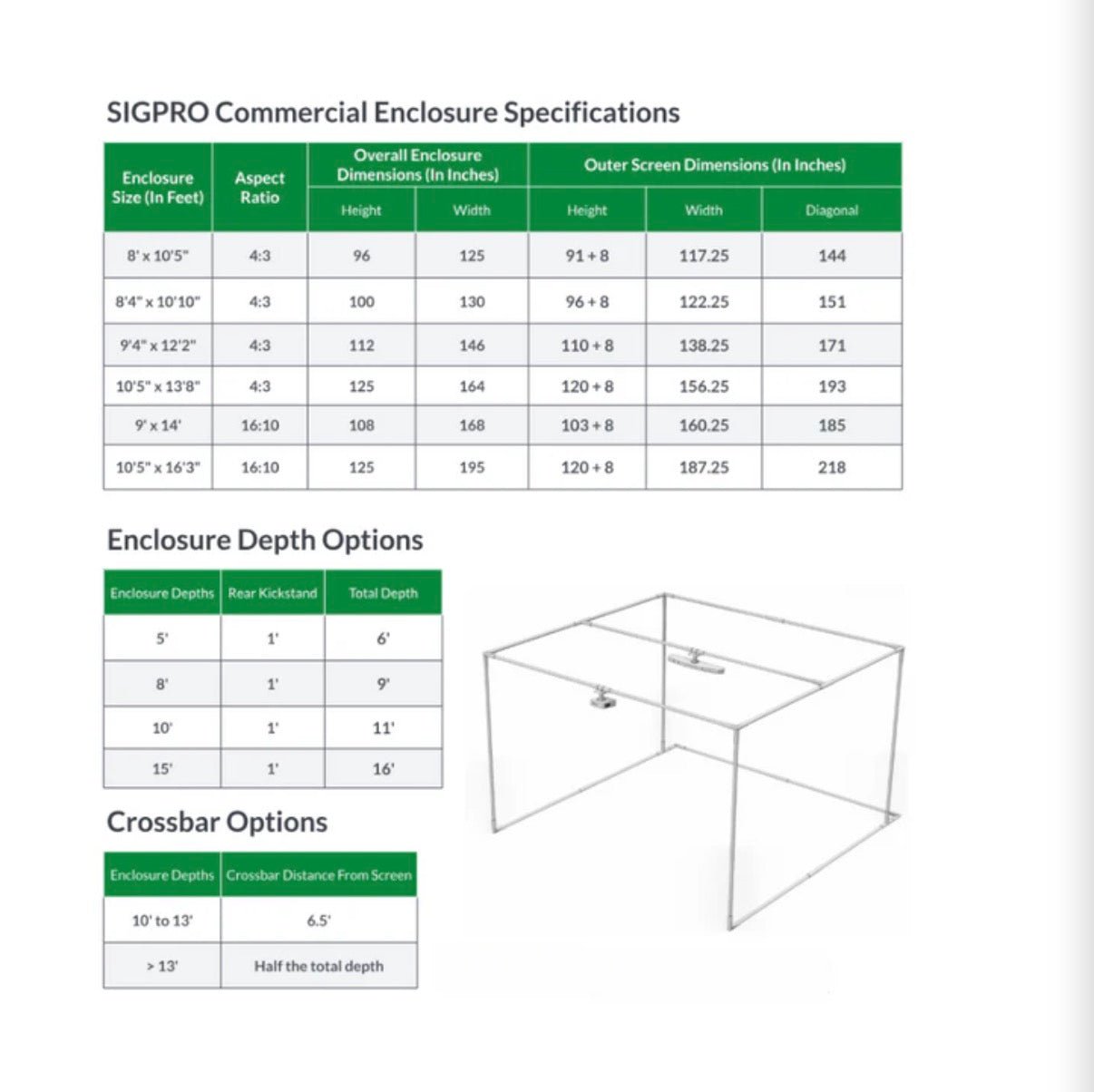SIGPRO Commercial Enclosure Specifications table with dimensions and options and steel frame.
