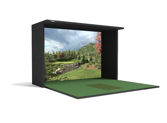 “SimBooth 3 Premium Golf Simulator Enclosure with full floor setup and impact screen displaying golf course scene - ALLBGT”