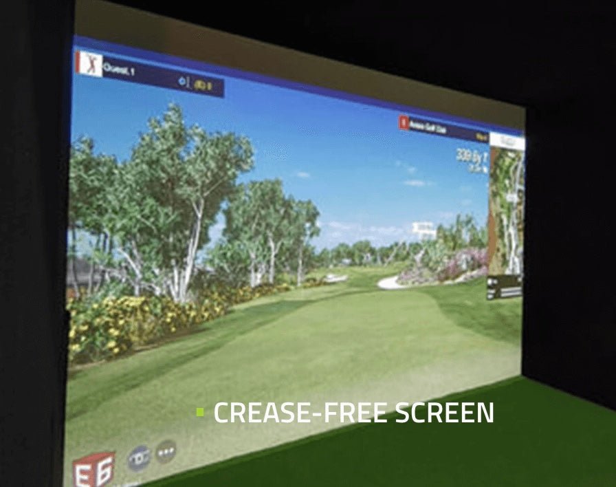 “SimBooth 1 crease-free impact screen displaying realistic golf course visuals for home golf simulator setup - ALLBGT”