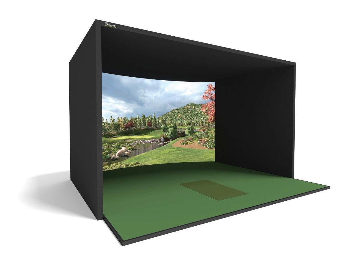 “SimBooth 4 Golf Simulator Enclosure with full floor design and curved impact screen displaying golf course - ALLBGT”
