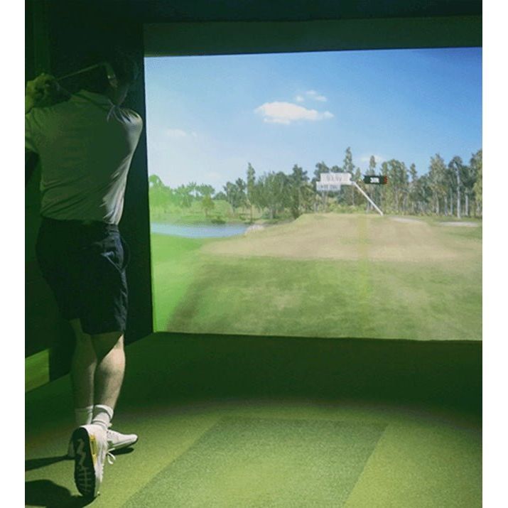 “Golfer swinging inside SimBooth Kit 1 Golf Simulator Enclosure with projected fairway inside indoor practice setup - ALLBGT”