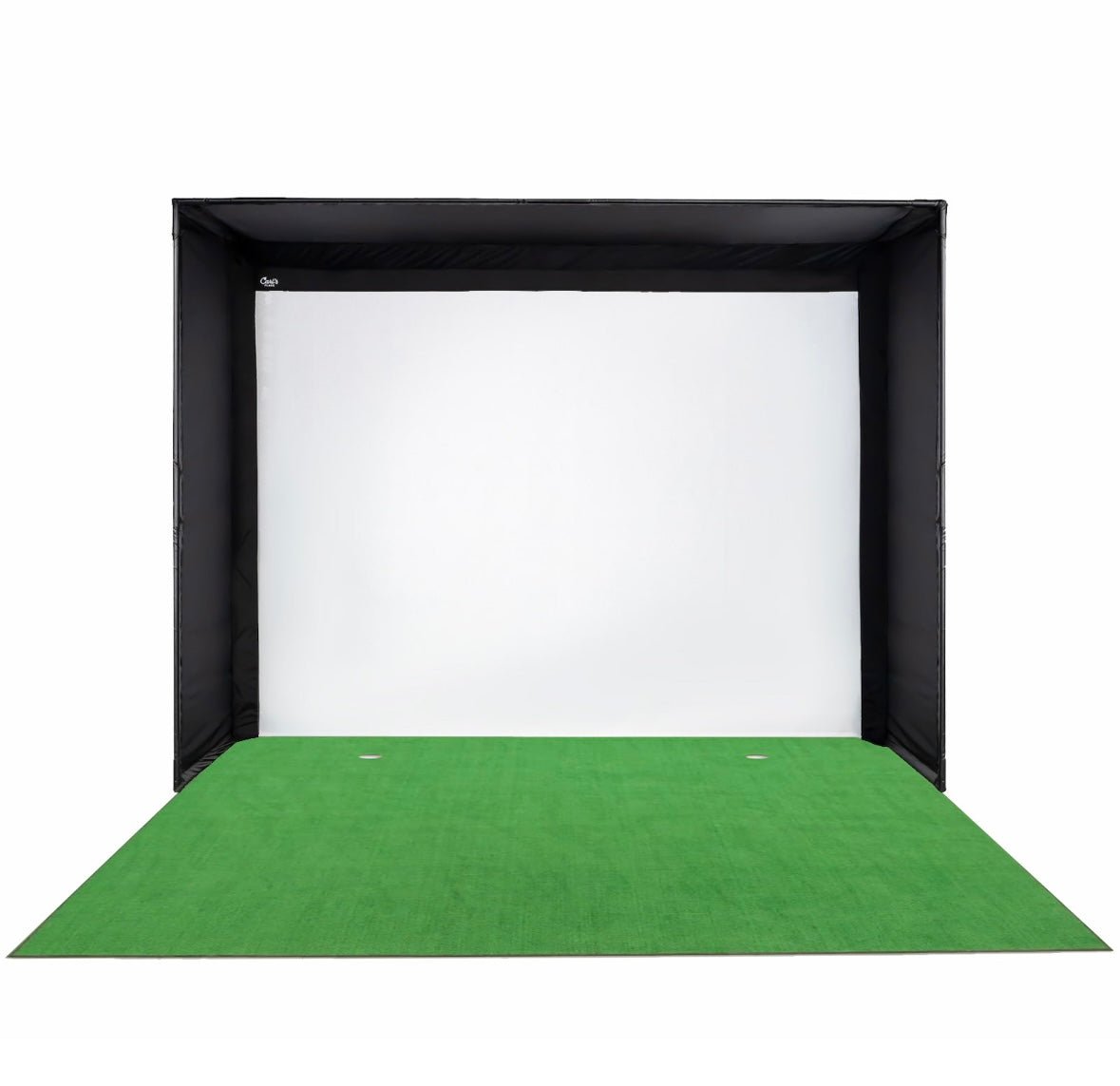 “Close-up view of Carl’s Place DIY golf simulator enclosure package with green turf and impact screen - ALLBGT.”