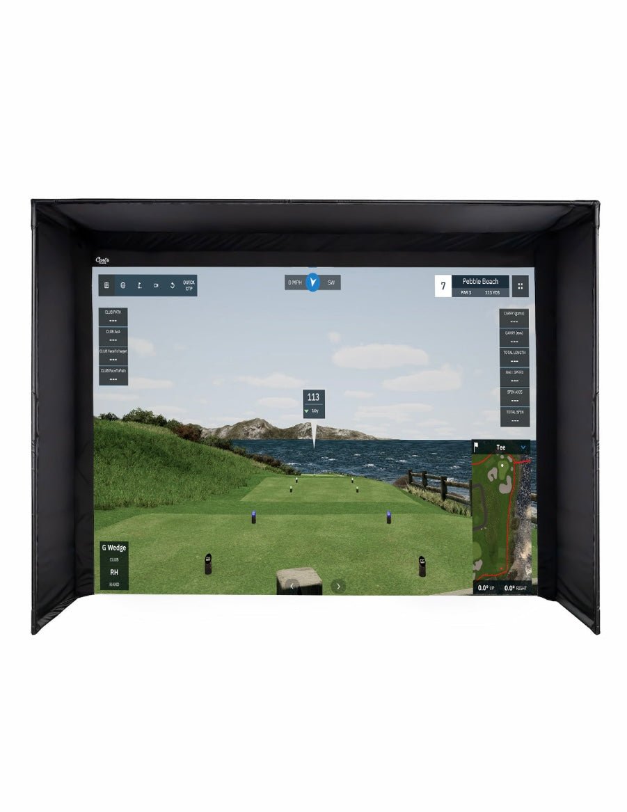 “Carl’s Place DIY Golf Simulator Enclosure Package displaying Pebble Beach course on impact screen - ALLBGT.”