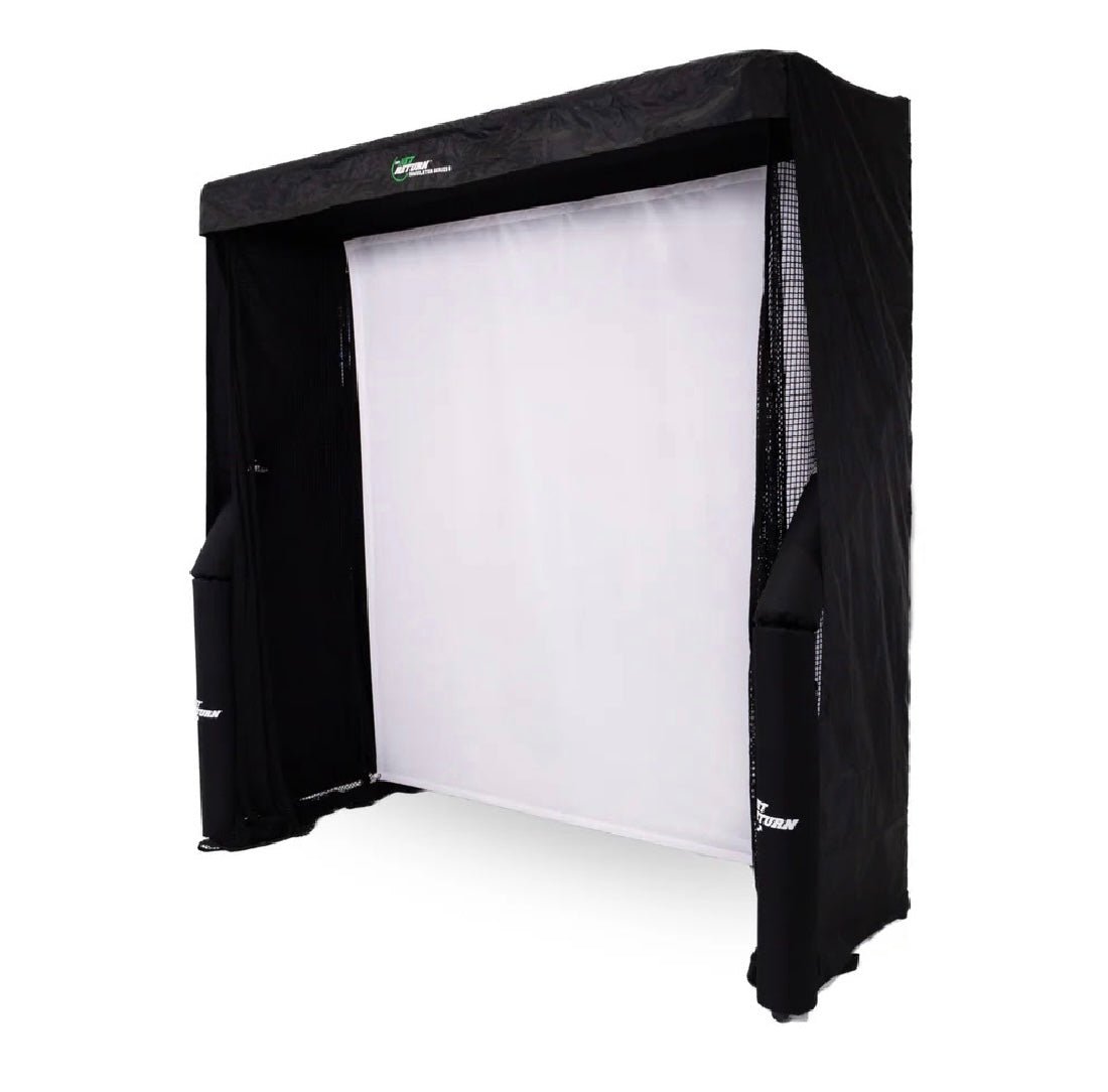 Perspective view of The Net Return Simulator Bay 8 Enclosure with side barriers and impact screen - ALLBGT