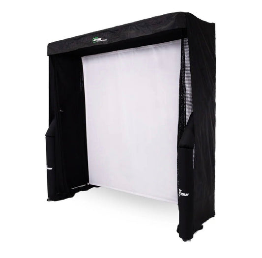 Perspective view of The Net Return Simulator Bay 8 Enclosure with side barriers and impact screen - ALLBGT