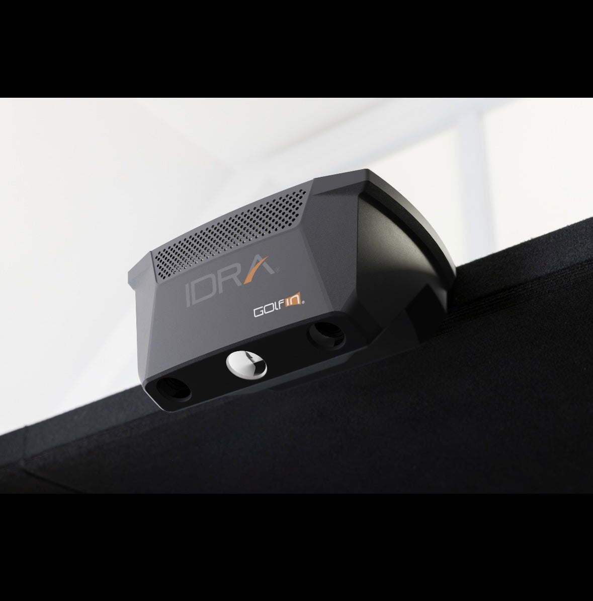 Ceiling-mounted Golfin IDRA II Launch Monitor showing lens sensors for accurate golf shot data - ALLBGT