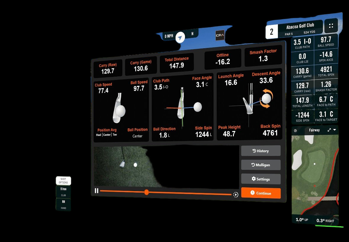 SimBooth IDRA II Launch Monitor display showing golf shot data like ball speed, spin rate, and launch angle - ALLBGT