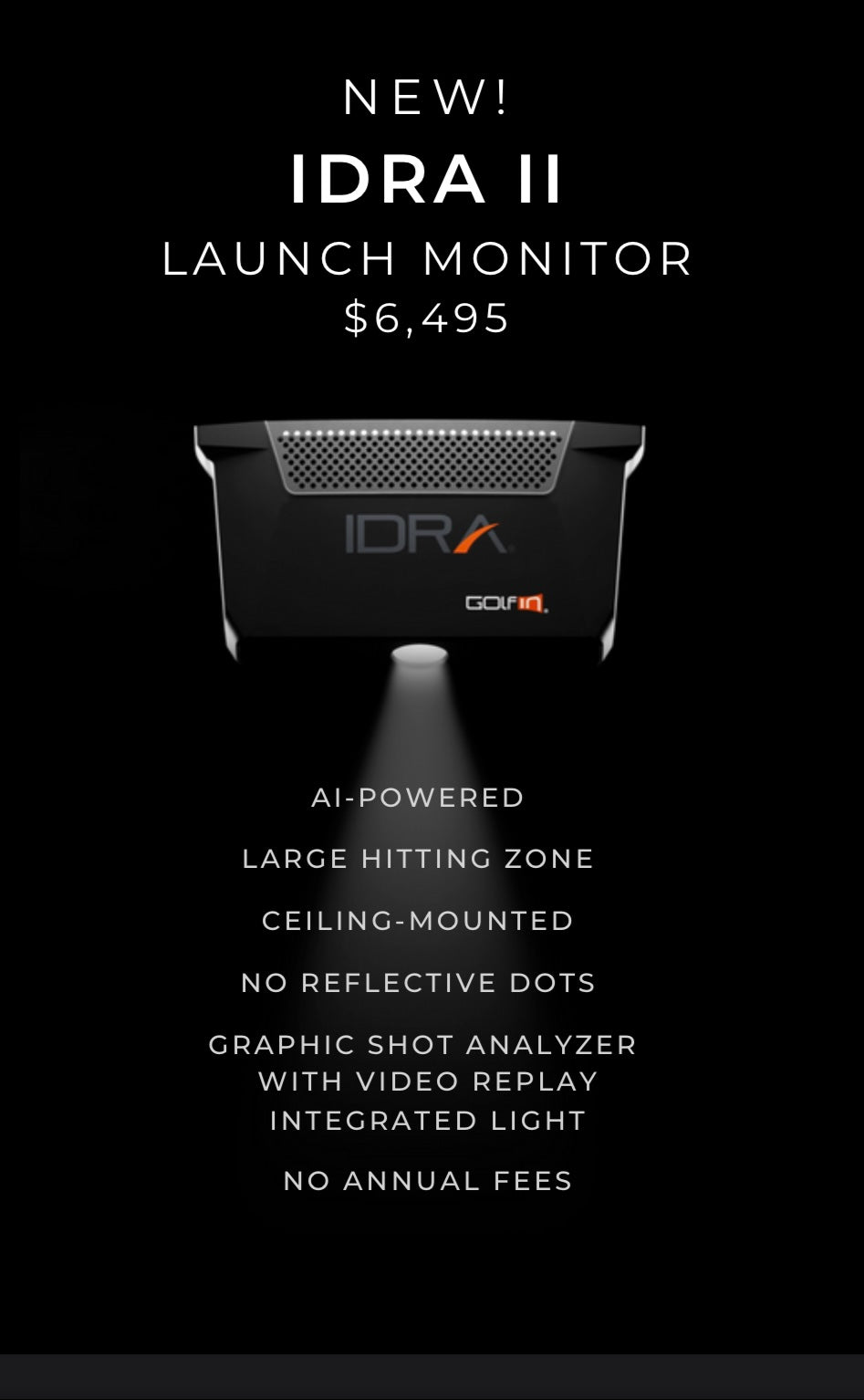 Promotional image of Golfin IDRA II Launch Monitor highlighting AI-powered features to use with SimBooth Kit 2 - ALLBGT