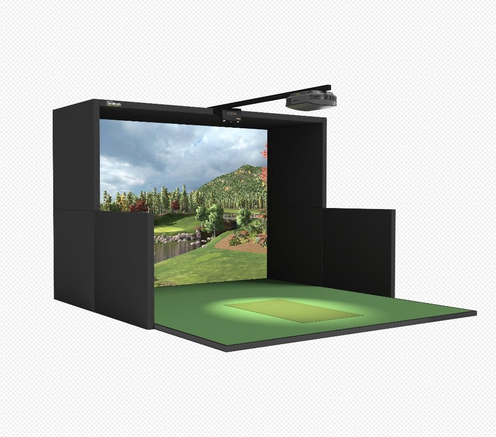 “SimBooth Kit 1 golf simulator setup with HD impact screen, hitting mat, and overhead projector - ALLBGT
