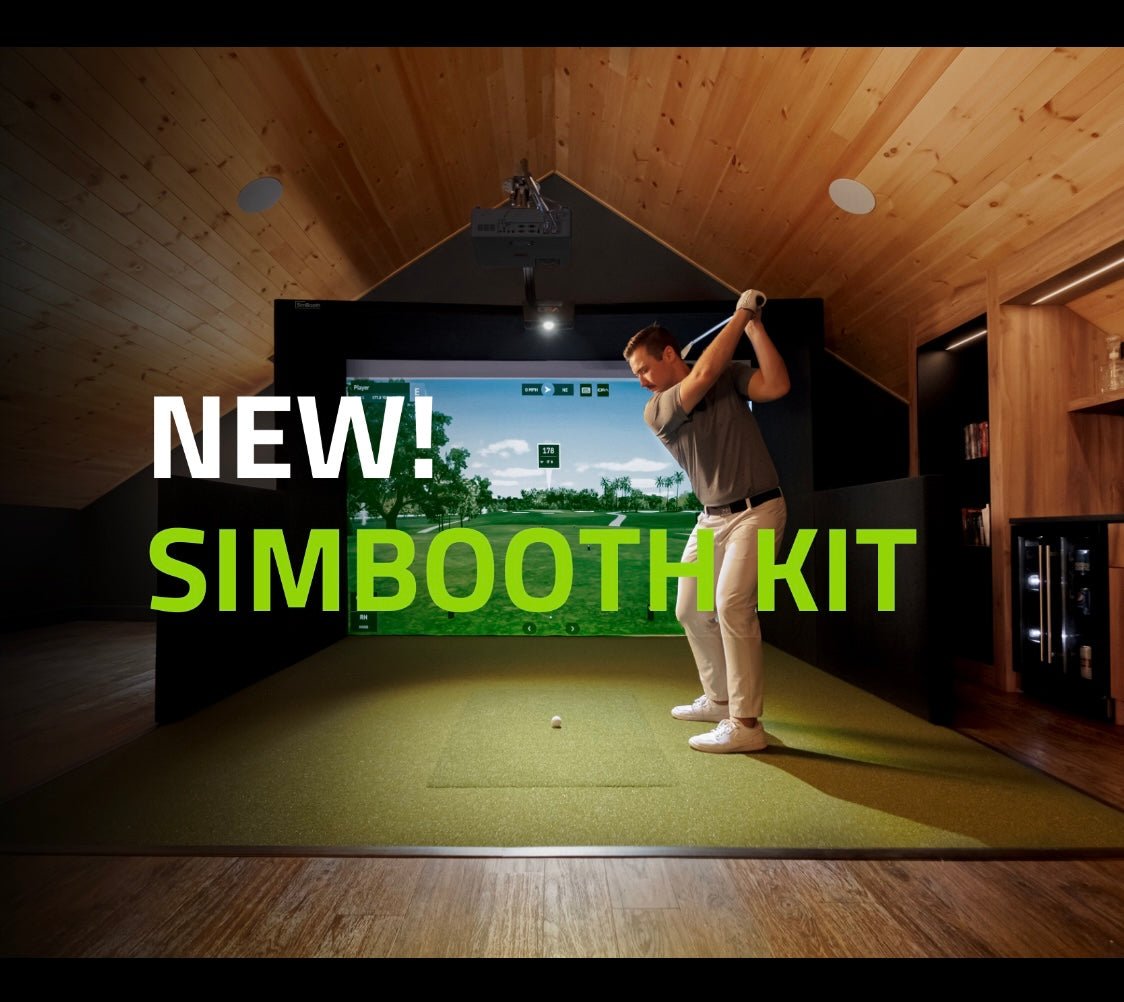 "Golfer practicing drive in SimBooth 1 setup with bright course projection and overhead lighting - ALLBGT"