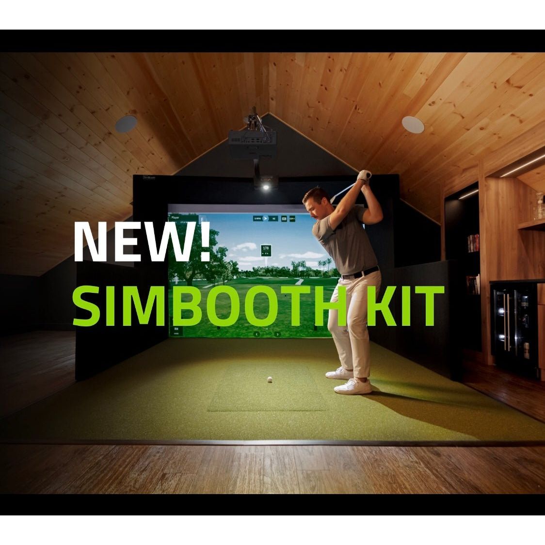 "Golfer practicing drive in SimBooth 1 setup with bright course projection and overhead lighting - ALLBGT"