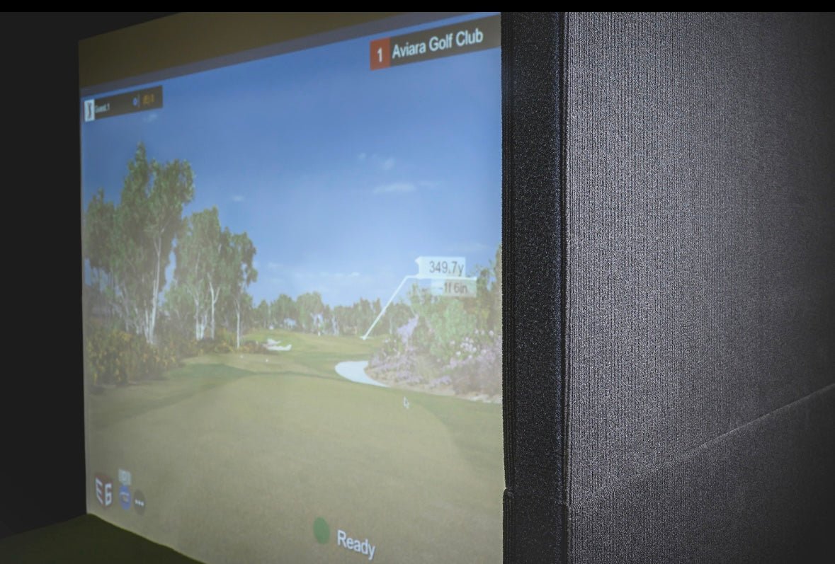 "SimBooth Kit 1 Golf Simulator Impact screen displaying virtual golf course - ALLBGT"