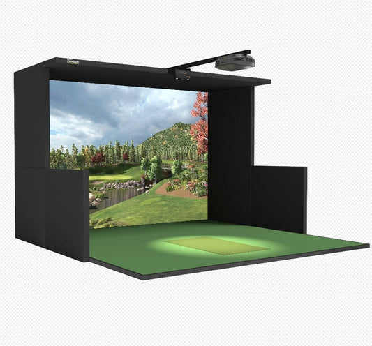 Front View of SimBooth Kit 2 Golf Simulator Enclosure with projection screen and turf setup - ALLBGT
