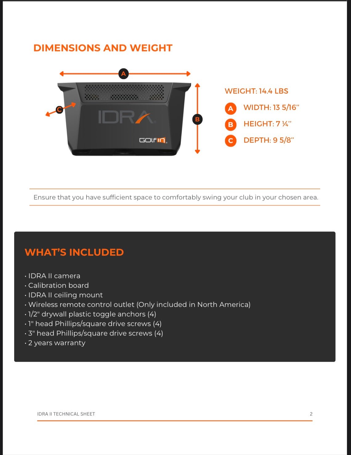 "Golfin IDRA II Launch Monitor dimensions and components for installation for SimBooth Kit 2 - ALLBGT"