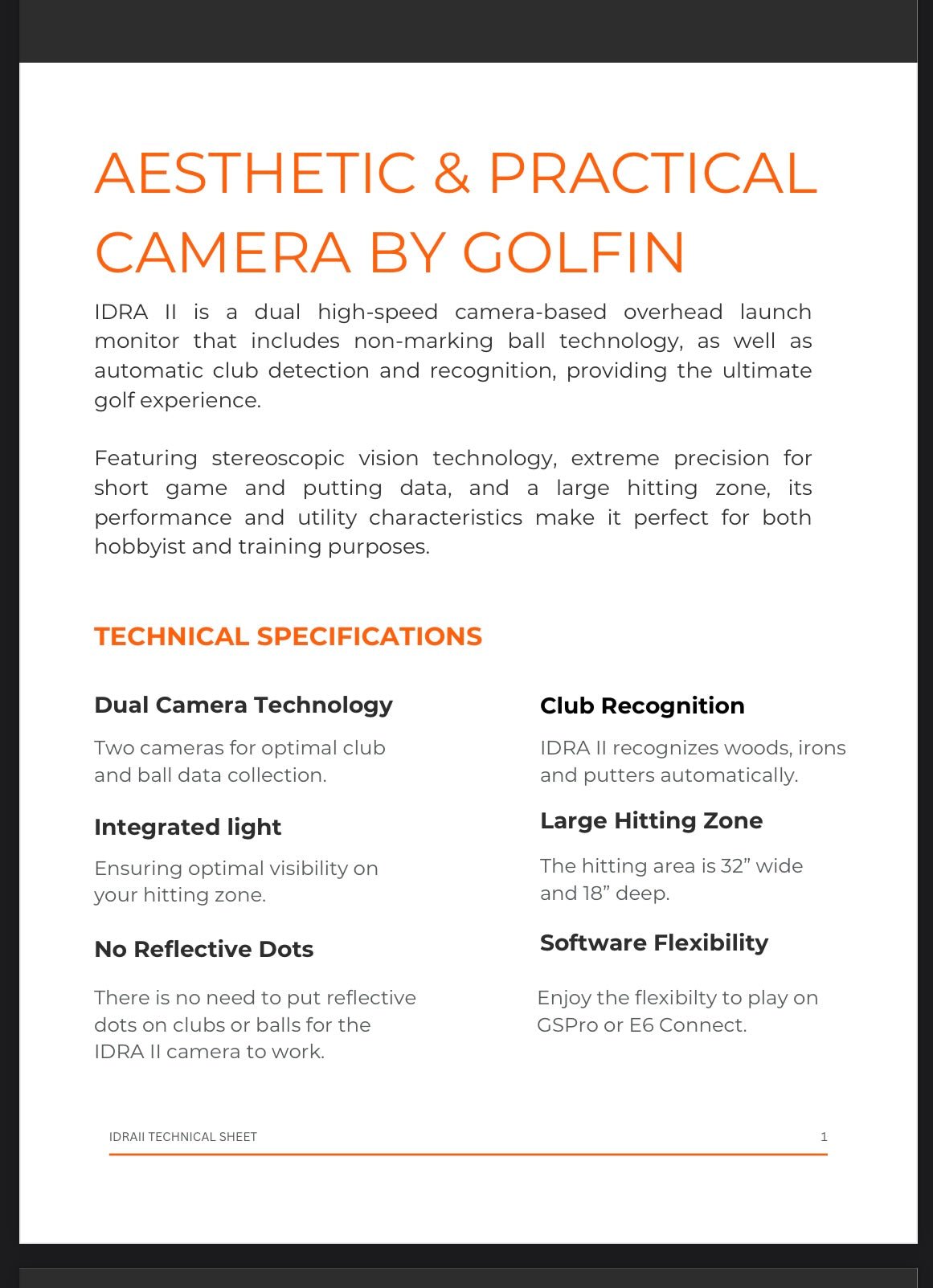 "Technical specifications for Golfin IDRA II Golf Launch Monitor by highlighting technology for SimBooth Kit 2 - ALLBGT"