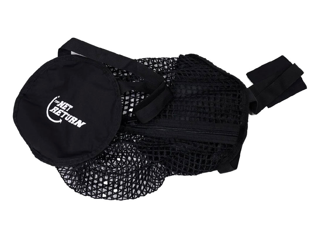 Front view - The Net Return Caterpillar Bag 6’ heavy-duty black mesh storage bag for golf nets and accessories - ALLBGT