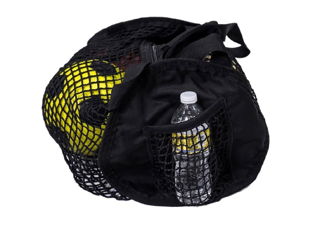 Angled view - The Net Return Caterpillar Bag 6’ durable mesh carrying bag with yellow net and drawstring top - ALLBGT