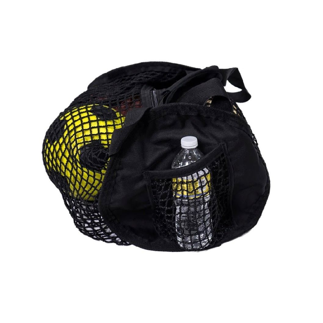 Angled view - The Net Return Caterpillar Bag 6’ durable mesh carrying bag with yellow net and drawstring top - ALLBGT