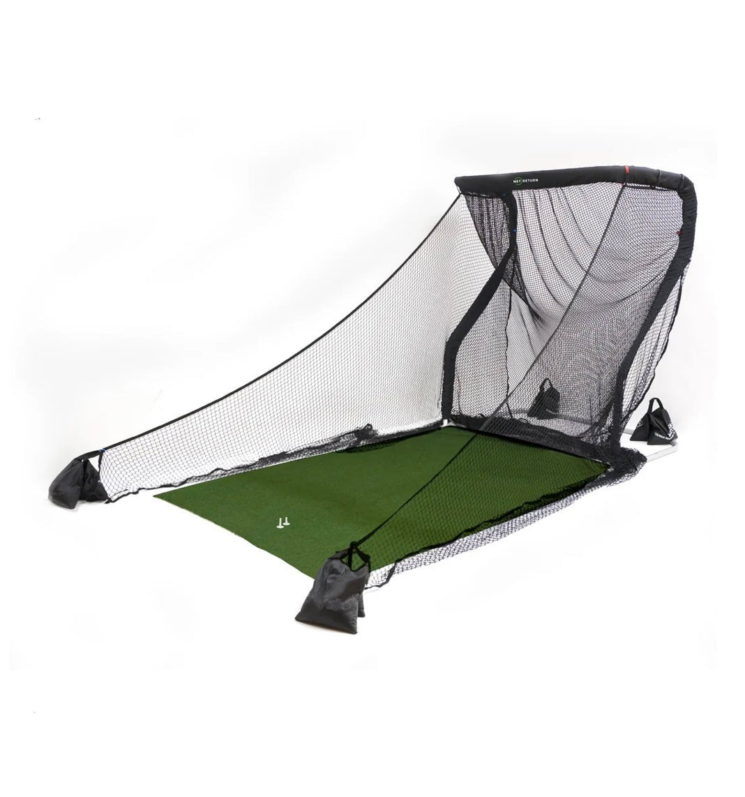 Front angled view of The Net Return Mini Package golf net with Pro turf mat - ALLBGT