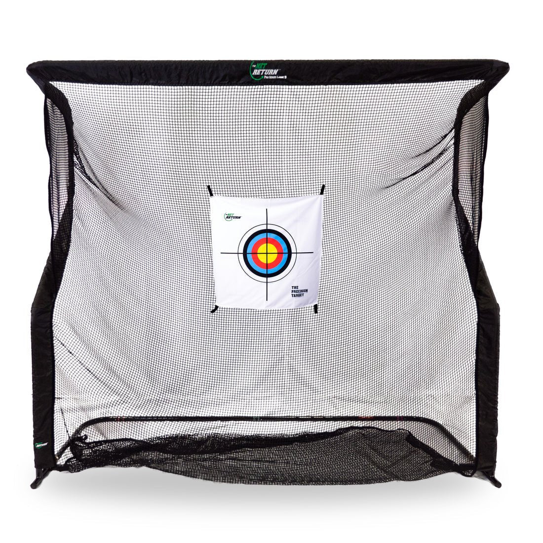 Full setup view - The Net Return Precision Target attached to golf practice net for accurate shot training - ALLBGT