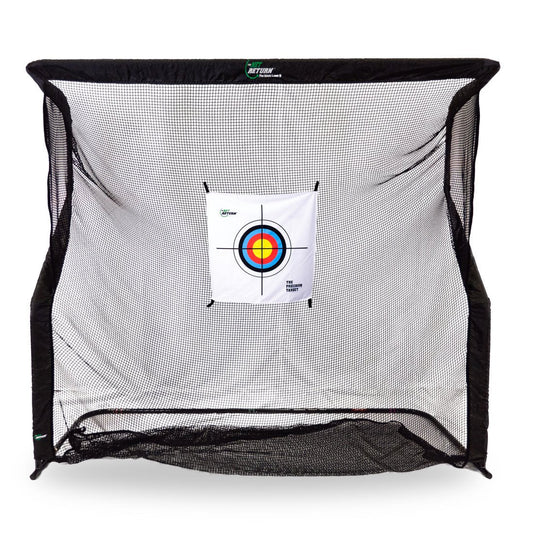 Full setup view - The Net Return Precision Target attached to golf practice net for accurate shot training - ALLBGT