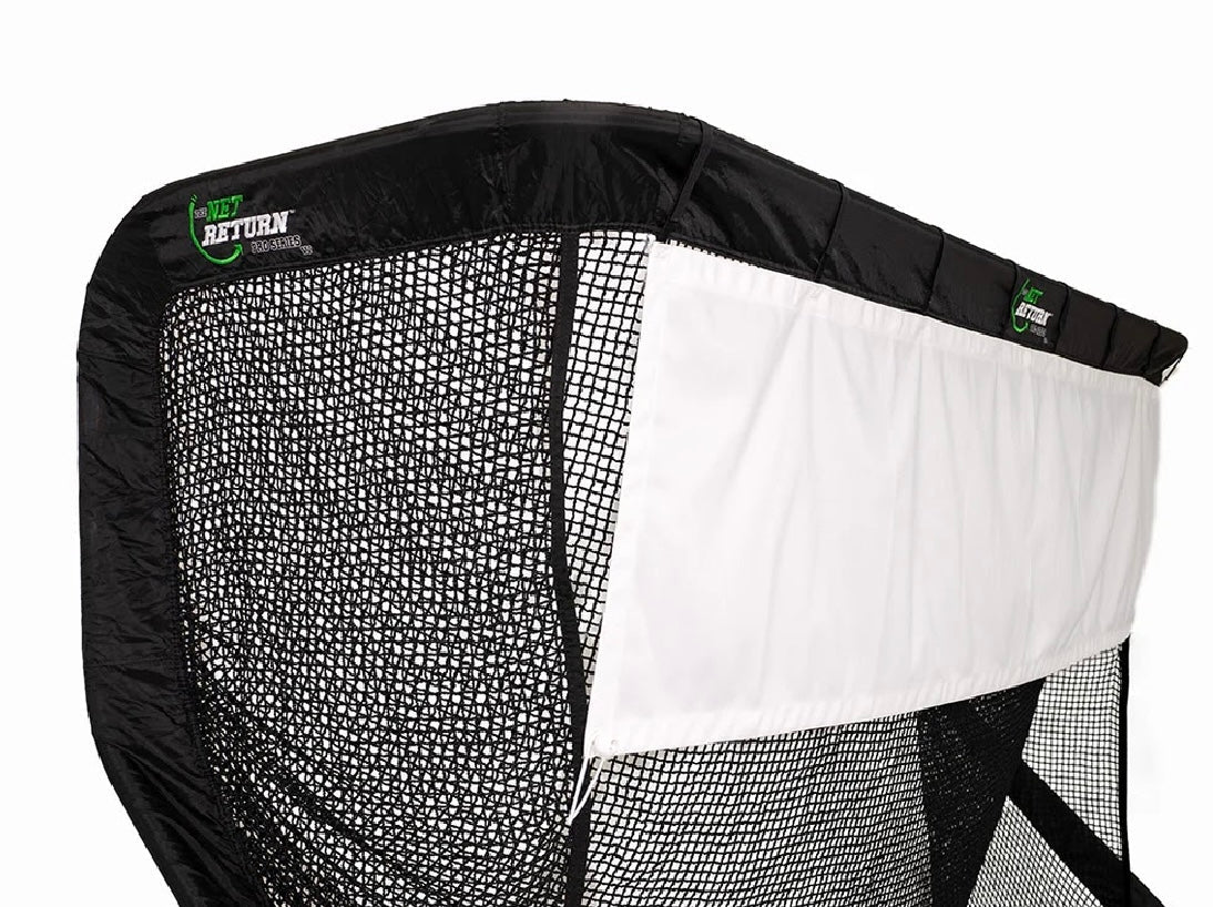 Angled corner view of The Net Return Pro 9 Golf Split Screen - indoor golf enclosure - ALLBGT