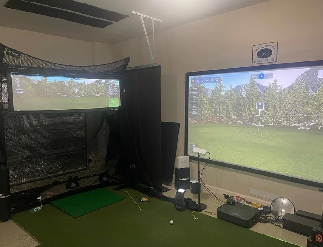 Indoor golf simulator setup with The Net Return Pro 9 Split Screen system - ALLBGT