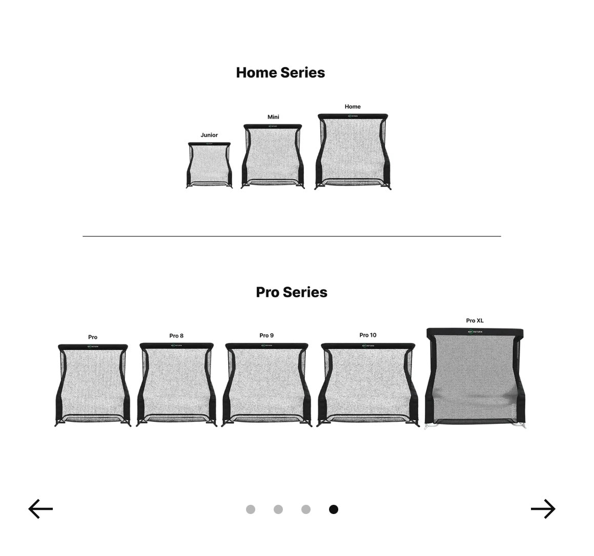 Comparison chart showing The Net Return Home Series and Pro Series Golf Net sizes - ALLBGT