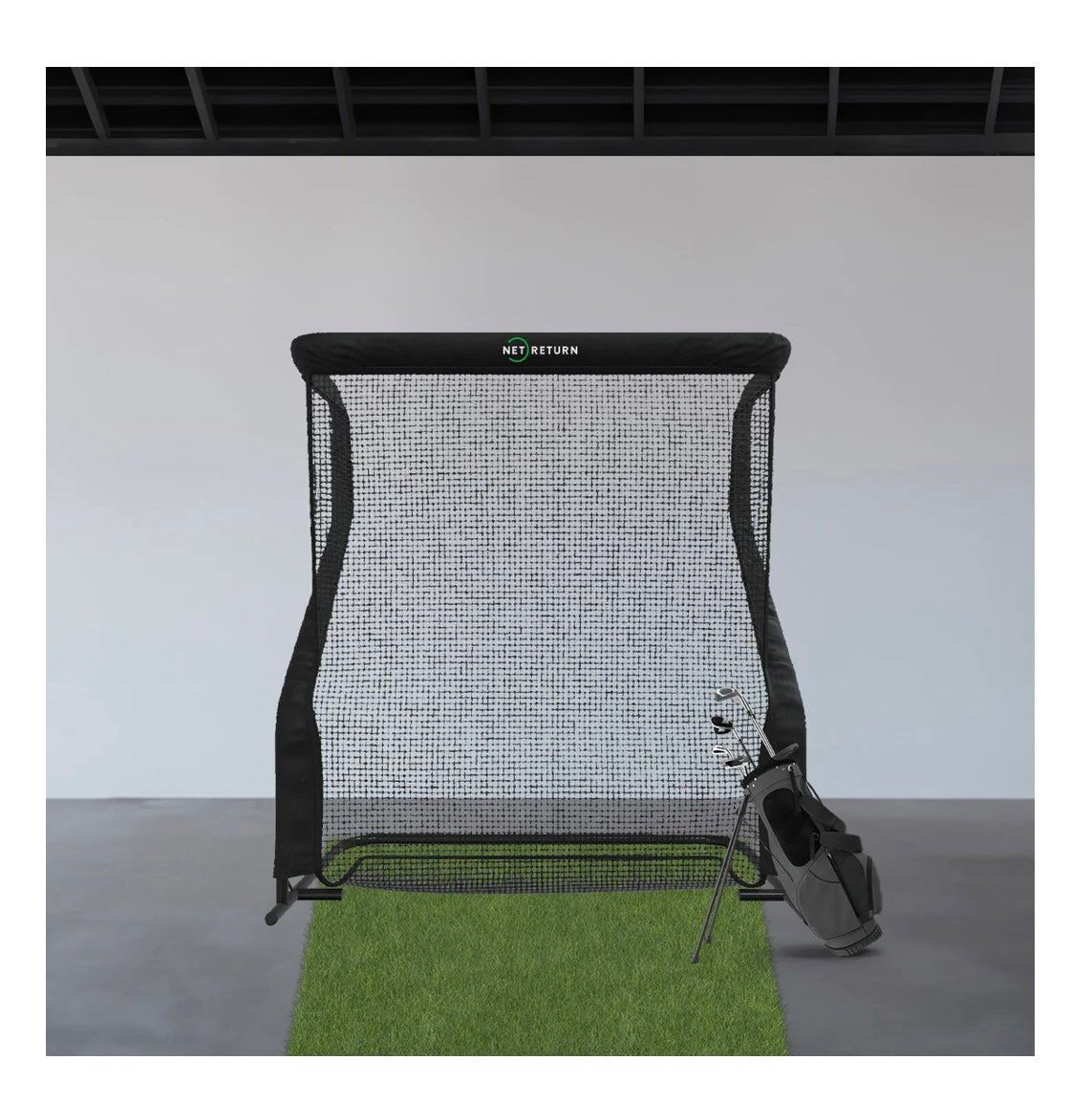 Front view of The Net Return Pro Package - Pro Series Golf Net setup indoors with golf bag - ALLBGT