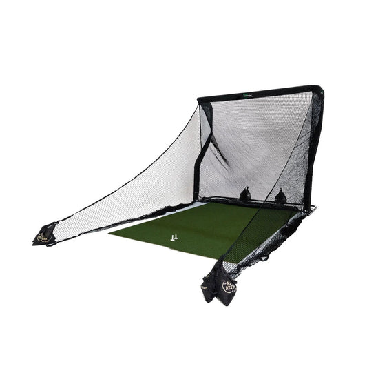Angled view of The Net Return Pro Package - Pro Series Golf Net Package with Pro turf mat - ALLBGT