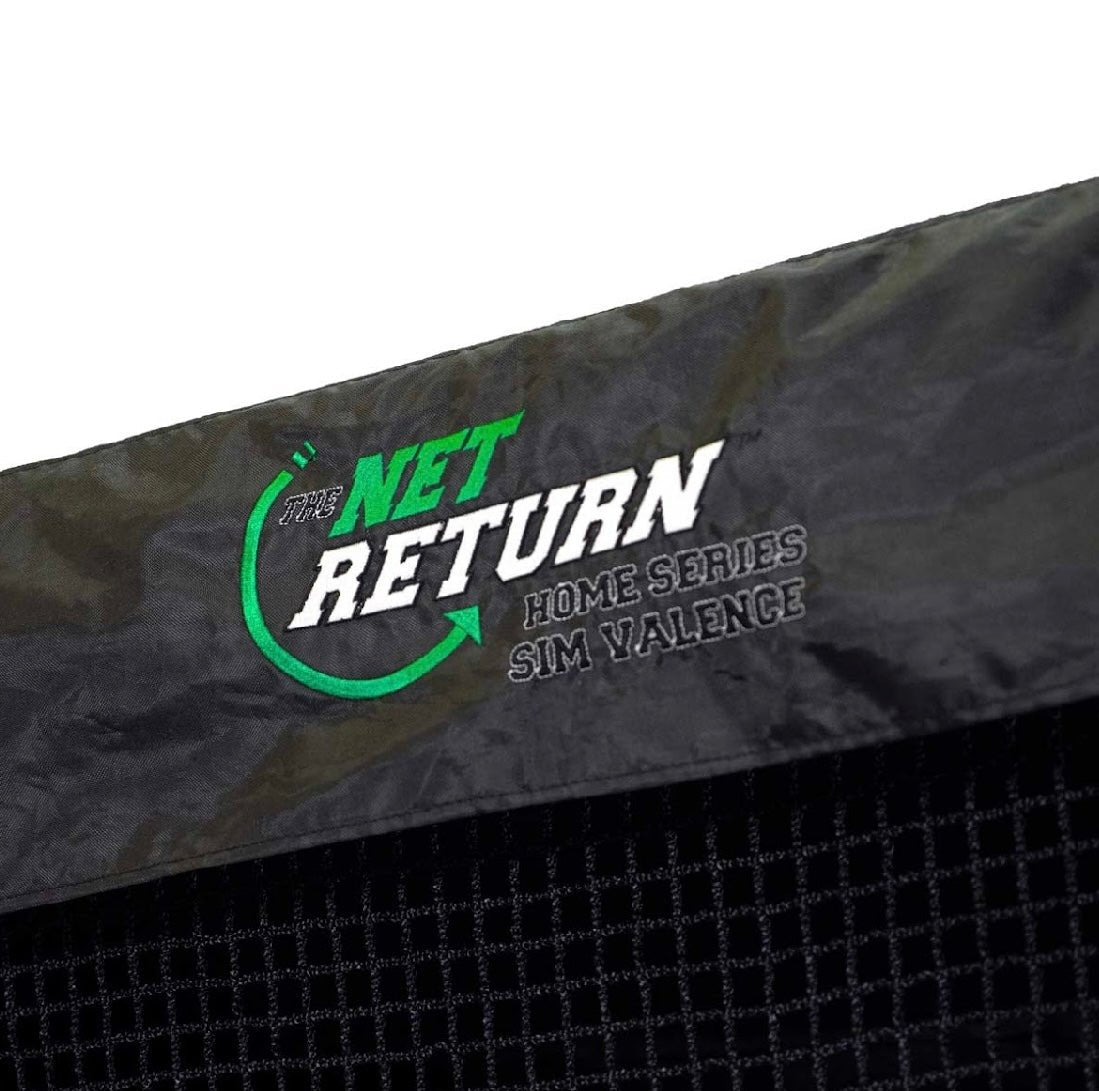 Close-up of The Net Return Pro 8 Golf Simulator Valence logo on black enclosure cover - ALLBGT