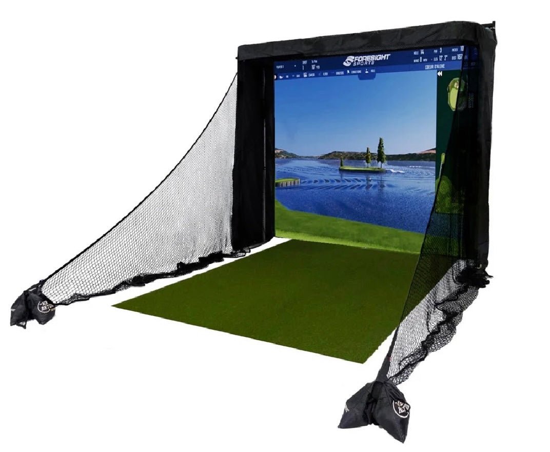 Angled view of The Net Return Simulator Bay 8 Enclosure setup with golf mat and HD projection screen- ALLBGT
