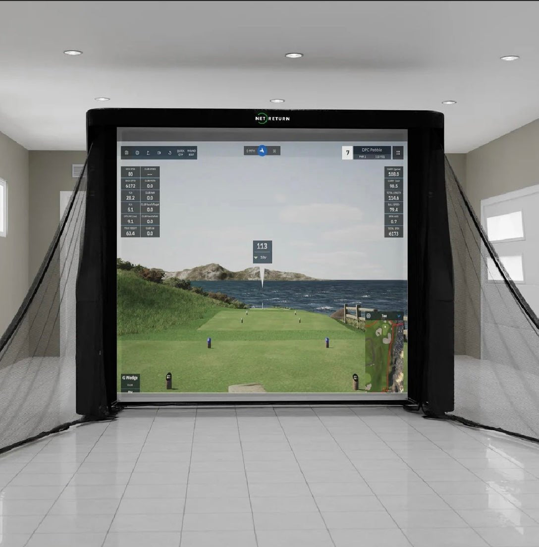 Front view of The Net Return Simulator Bay 8 Enclosure with golf impact screen and side barrier nets - ALLBGT