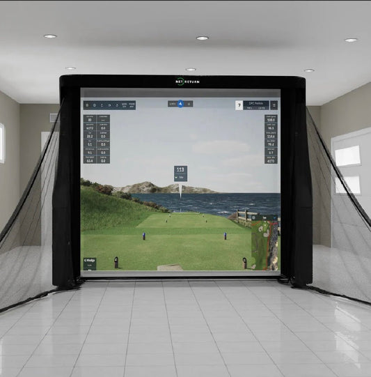 Front view of The Net Return Simulator Bay 8 Enclosure with golf impact screen and side barrier nets - ALLBGT