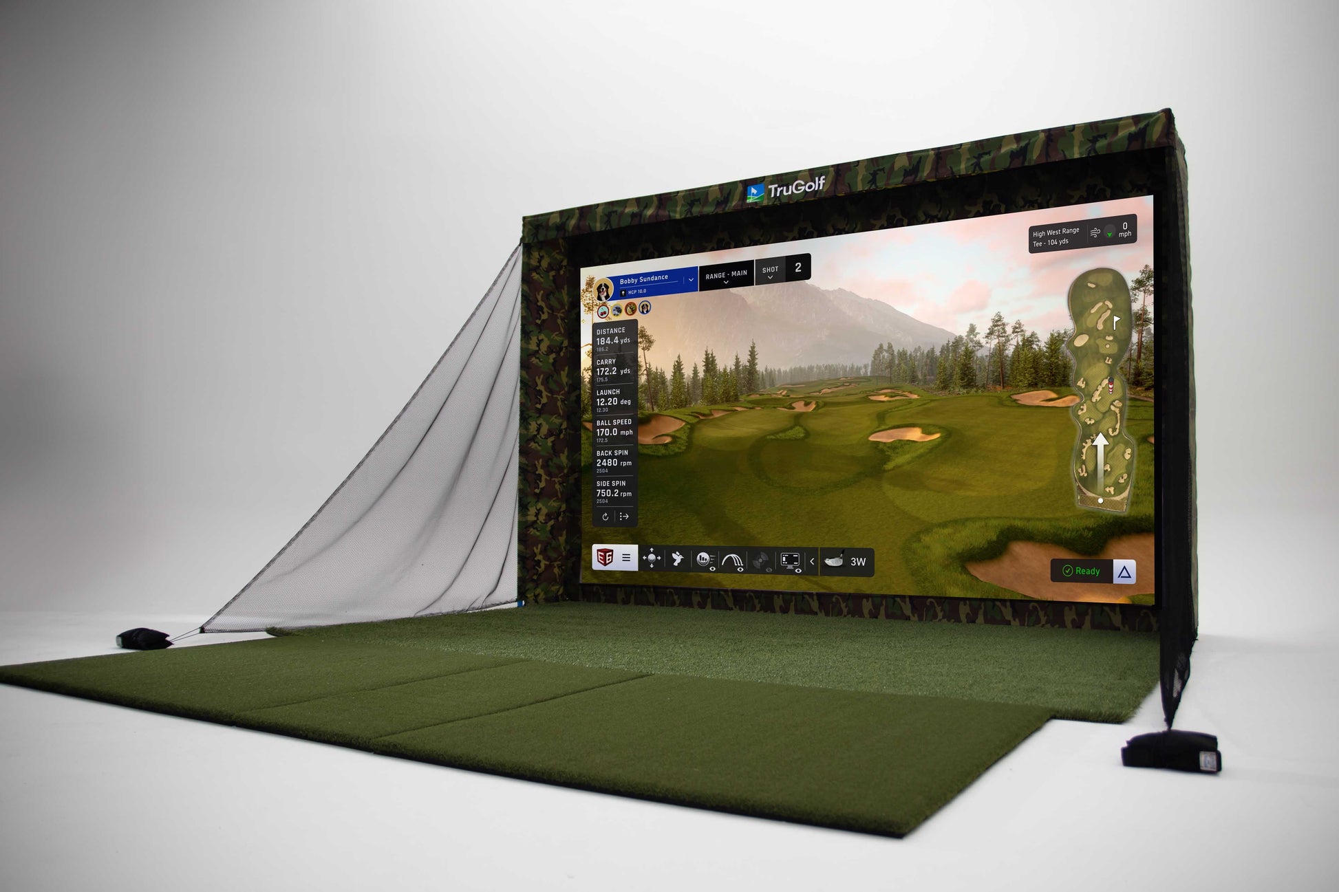 "Right side view of the TruGolf MAX+ Technology golf simulator showing realistic setup and display screen - ALLBGT"