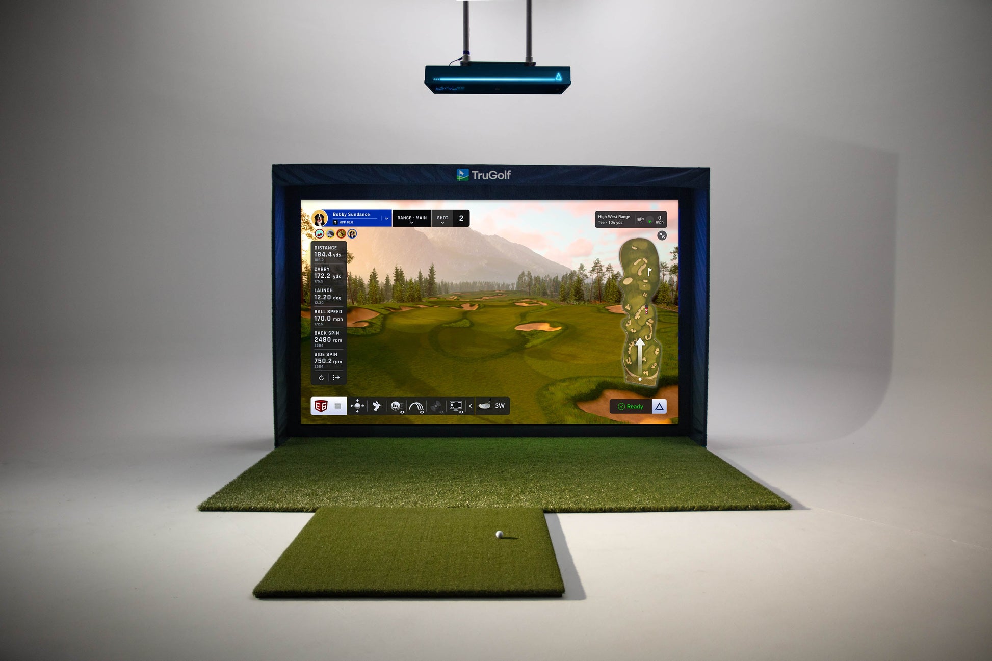 "Complete TruGolf MAX+ Technology golf simulator setup showing full enclosure, projector, and swing tracking - ALLBGT"