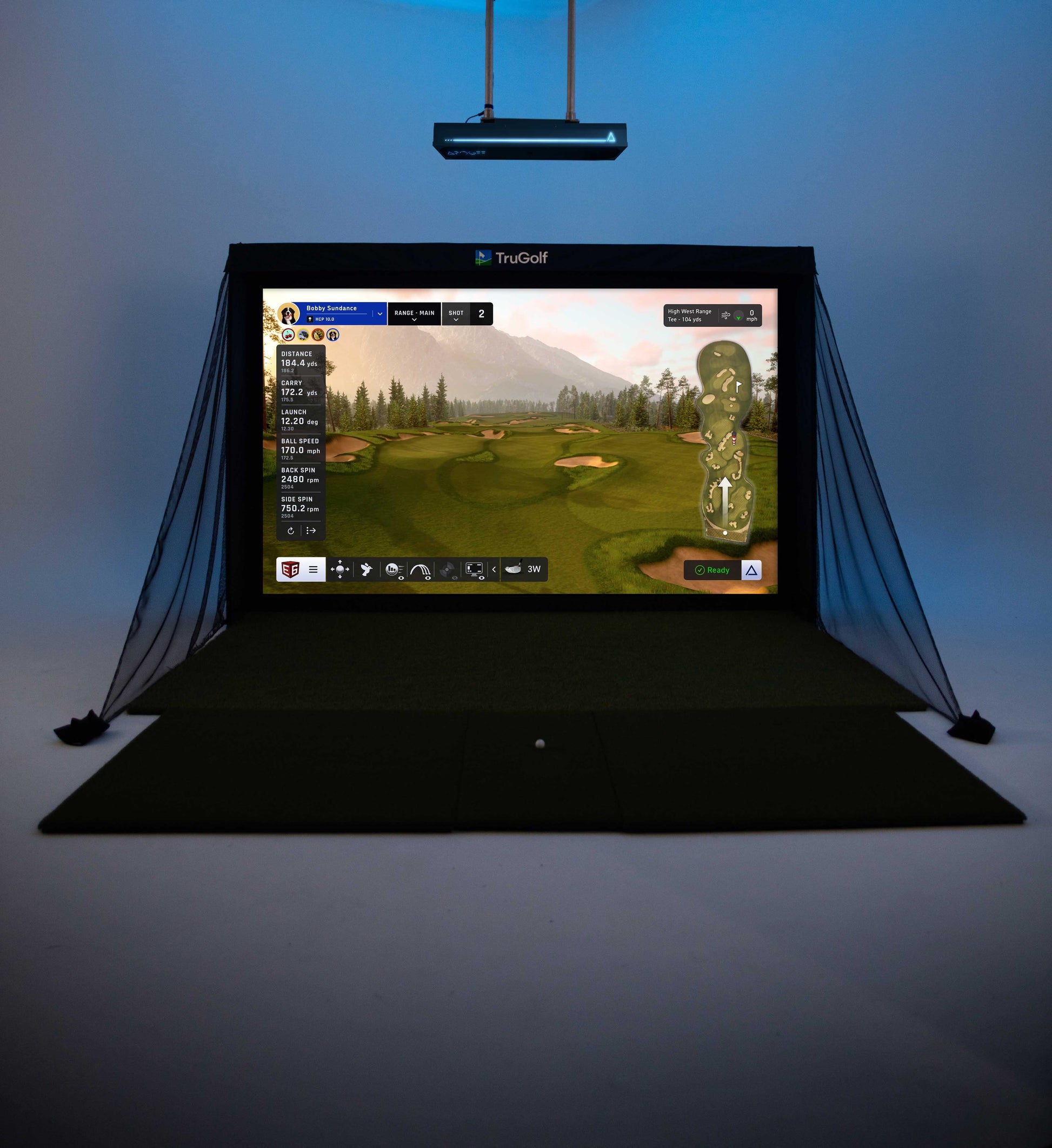 "Front view of the TruGolf MAX+ Technology indoor golf simulator with screen and hitting mat - ALLBGT"