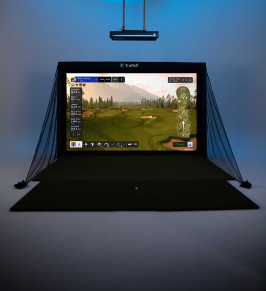 "Front view of the TruGolf MAX+ Technology indoor golf simulator with screen and hitting mat - ALLBGT"