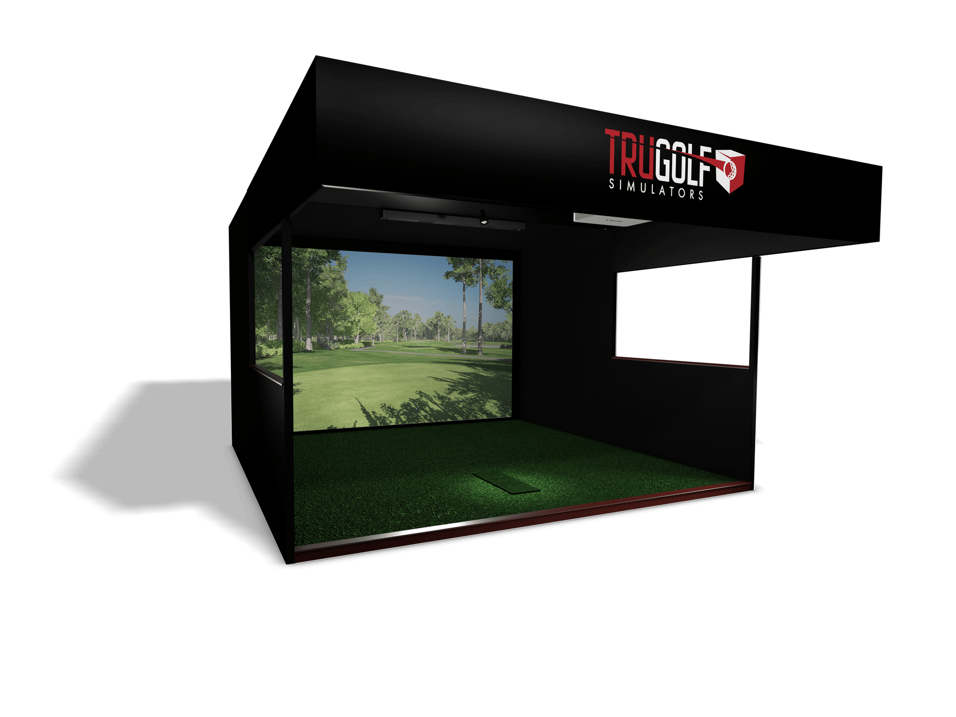 "Front view of the TruGolf Premium Trim Golf Simulator showing compact design and full setup - ALLBGT"
