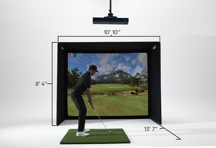 "Golfer mid-swing using the TruGolf Starter 10 Golf Simulator for indoor practice and ball tracking - ALLBGT"