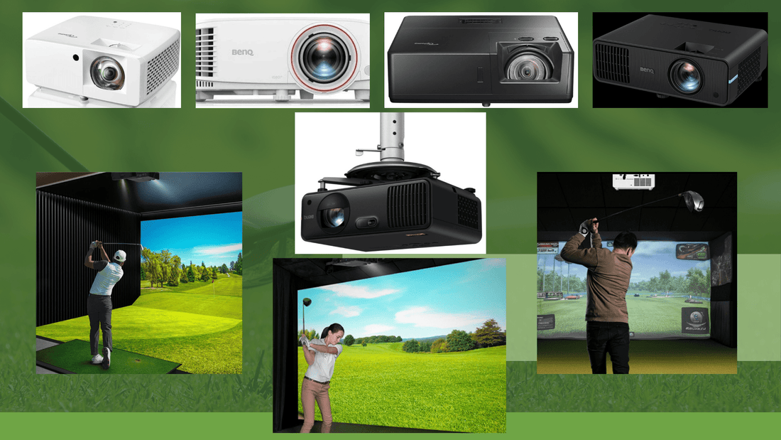 Collage of Golf Simulator Projectors and golfers practicing in indoor simulator bays using short throw projectors - ALLBGT