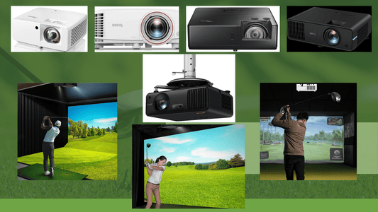 Collage of Golf Simulator Projectors and golfers practicing in indoor simulator bays using short throw projectors - ALLBGT
