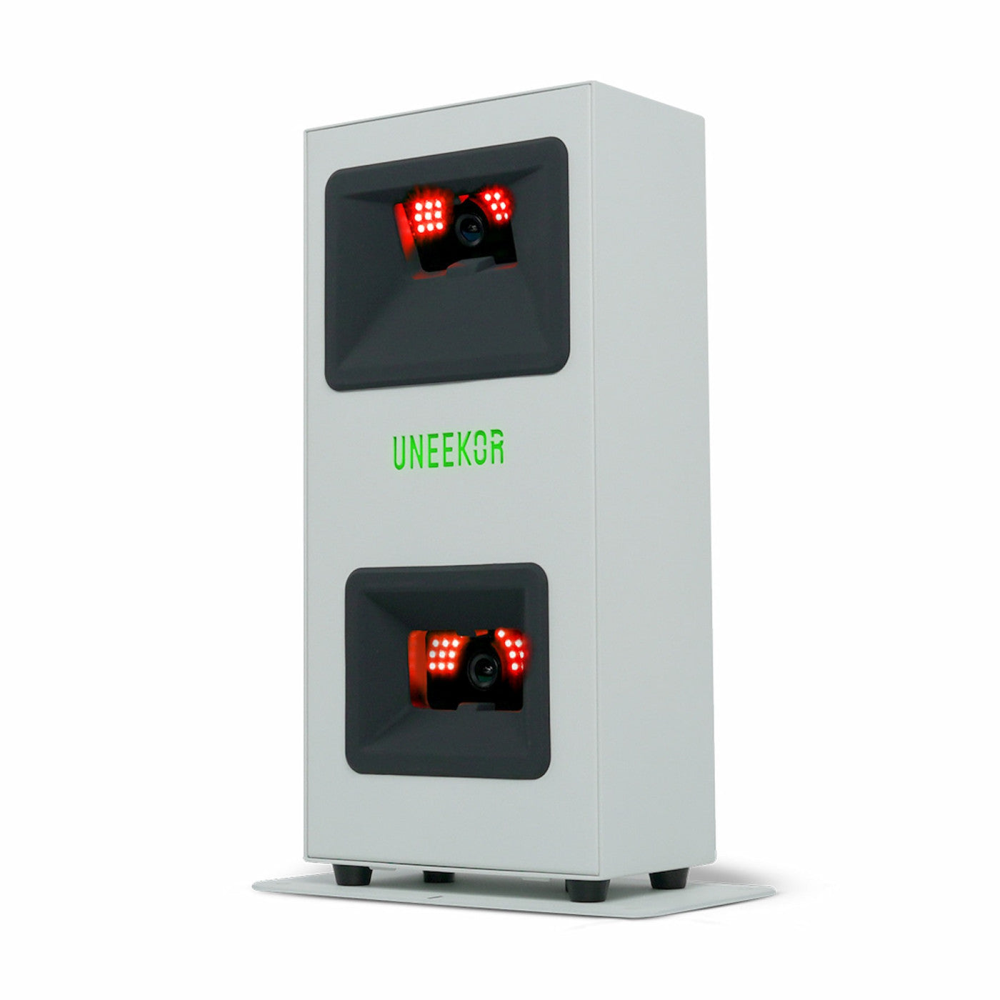 Uneekor EYE MINI Core launch monitor with red and green lights on a white background. 