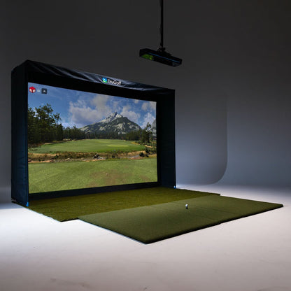 Apogee by TruGolf w/Max + Tech Golf simulator setup with screen displaying a golf course and projector above.