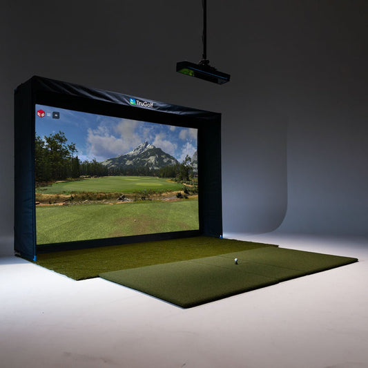 Apogee by TruGolf w/Max + Tech Golf simulator setup with screen displaying a golf course and projector above.